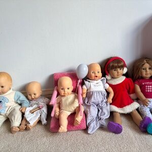 Emily and 5 friends, horse, dog, cat skooter and bed